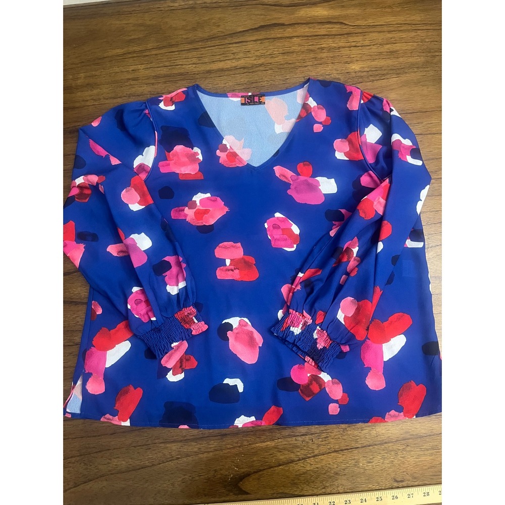 ISLE by Melis Kozan Blue Pink Abstract Floral V-Neck Blouse Smocked Cuff XL